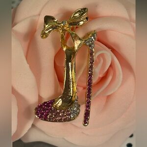 Fashion Jewelry Gold-Tone Pink Crystal High Heel Brooch
